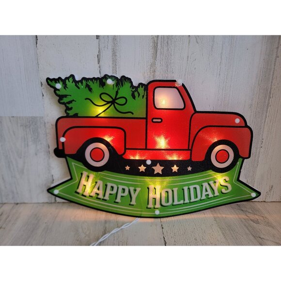 Light up red pickup trucks tree Xmas hanging wall sign decor vintage style - Picture 1 of 10